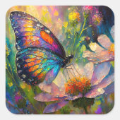 日の出カラフルで蝶と野花 スクエアシール (正面)