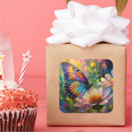 日の出カラフルで蝶と野花 スクエアシール