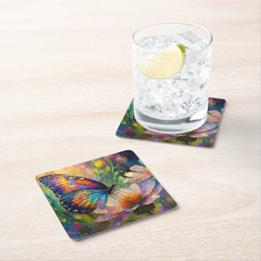 日の出カラフルで蝶と野花 スクエアペーパーコースター (インサイチュ)