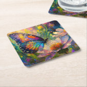 日の出カラフルで蝶と野花 スクエアペーパーコースター (アングル)