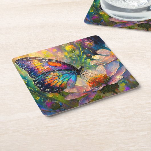 日の出カラフルで蝶と野花 スクエアペーパーコースター (アングル)