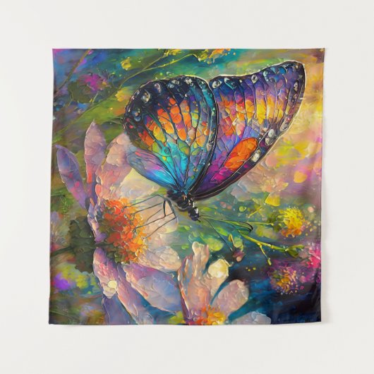 日の出カラフルで蝶と野花 タペストリー (正面(横))