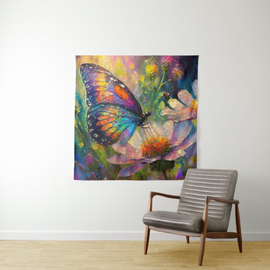 日の出カラフルで蝶と野花 タペストリー (インサイチュ)