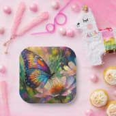 日の出カラフルで蝶と野花 ペーパープレート (パーティー)