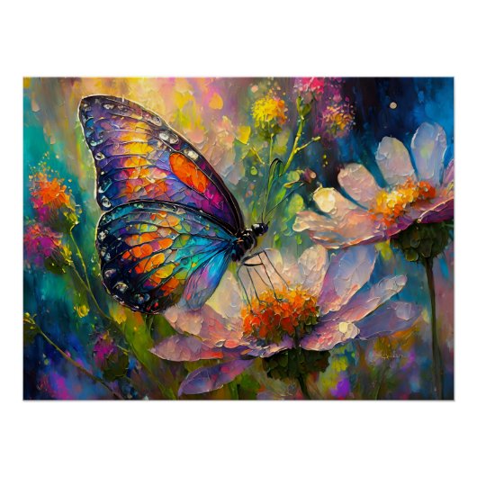 日の出カラフルで蝶と野花 ポスター (正面)