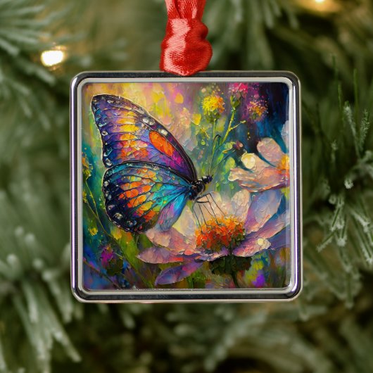 日の出カラフルで蝶と野花 メタルオーナメント (ツリー)