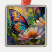 日の出カラフルで蝶と野花 メタルオーナメント (正面)