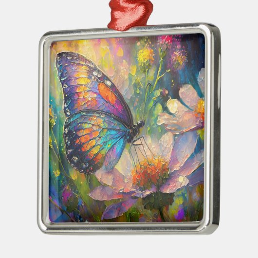 日の出カラフルで蝶と野花 メタルオーナメント (左)