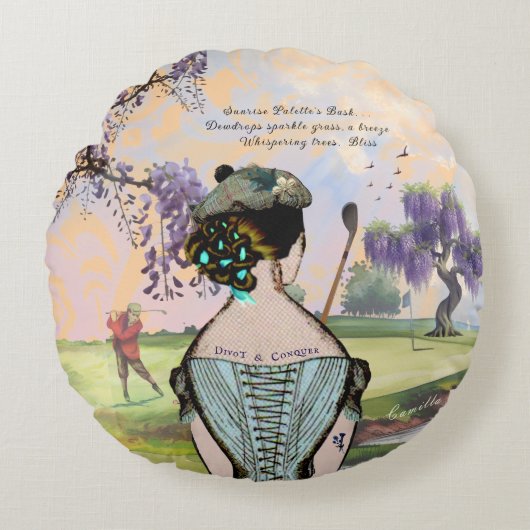日の出ゴルファーの俳句ラウンドピロー ラウンドクッション (正面)