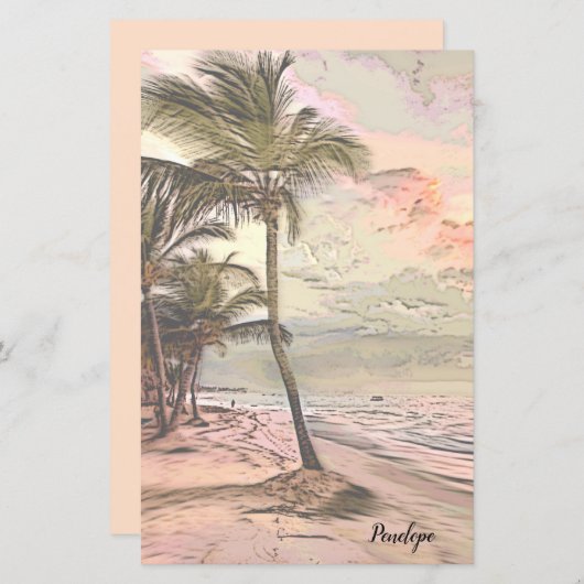 日の出ビーチとヤシの木と名前の文房具 (正面/裏面)