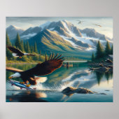 日の出威厳のあるで魚を捕るワシ ポスター (正面)