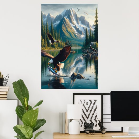 日の出威厳のあるで魚を捕るワシ ポスター (ホームオフィス)