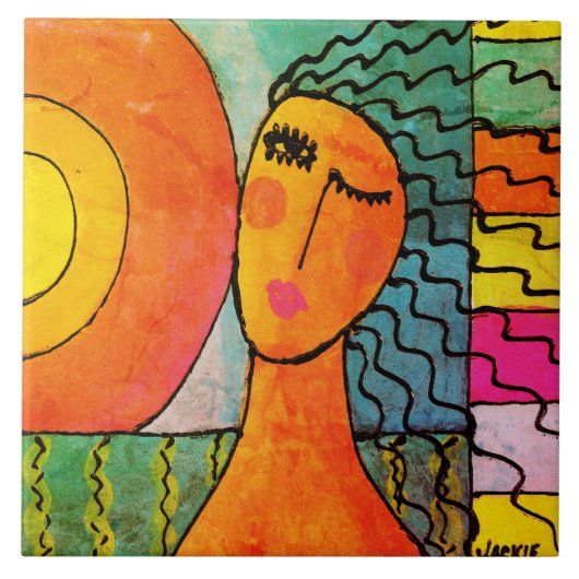 日の出抽象芸術ポートレートの女性 タイル (正面)