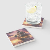 日の出・日没の海賊船 ストーンコースター (横)