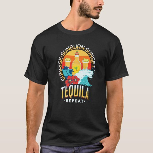 日の出 日焼け 日没 テキーラ リピート ビーチ サマー Tシャツ (正面)