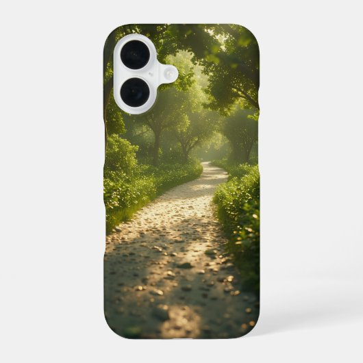 日の当たる森の小道 iPhone 16ケース (裏面)
