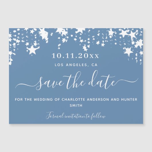 日の磁石を保存ほこりっぽい青い白い星の結婚式 マグネット招待状 (正面)