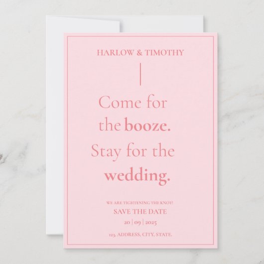 日はっきりした付おもしろいを保存するピンクの結婚式 招待状 (正面)