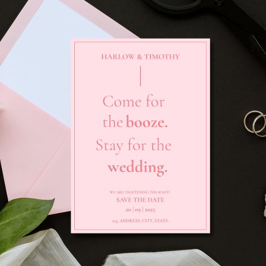 日はっきりした付おもしろいを保存するピンクの結婚式 招待状