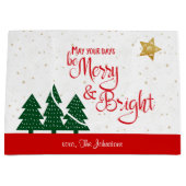 日は明メリーるい赤のスクリプトの木の金ゴールド星 ラージペーパーバッグ (正面)