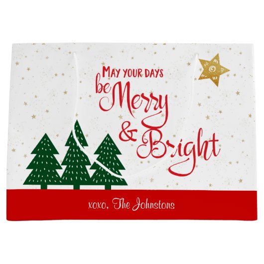 日は明メリーるい赤のスクリプトの木の金ゴールド星 ラージペーパーバッグ (正面)