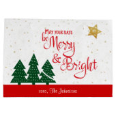 日は明メリーるい赤のスクリプトの木の金ゴールド星 ラージペーパーバッグ (裏面)