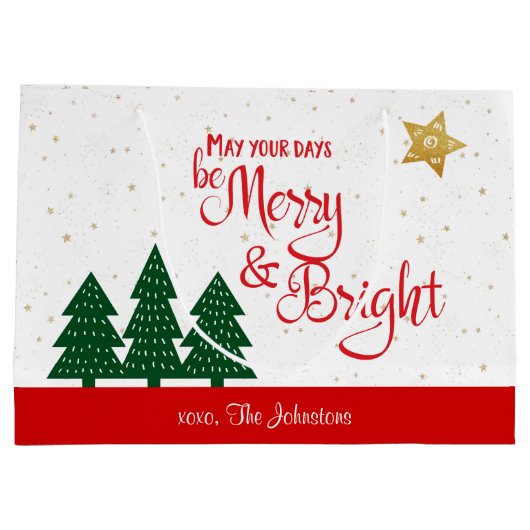 日は明メリーるい赤のスクリプトの木の金ゴールド星 ラージペーパーバッグ (裏面)