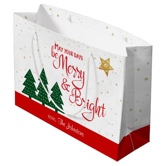 日は明メリーるい赤のスクリプトの木の金ゴールド星 ラージペーパーバッグ (裏面アングル)