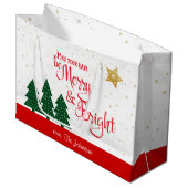 日は明メリーるい赤のスクリプトの木の金ゴールド星 ラージペーパーバッグ (正面アングル)