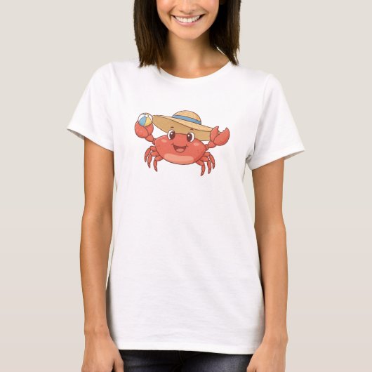 日よけ帽子の元気なカニ - ビーチの陽気なカートゥーン デ Tシャツ (正面)