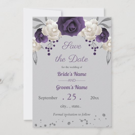日を除くほこりっぽい紫と白の花グレー 招待状 (正面)