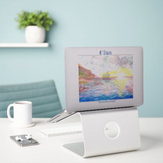 日イタリアン没の水色シール シール (デスク上のノートパソコン)