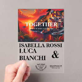 日イタリアン没の海はっきりした岸の水彩風景 アクリル招待状