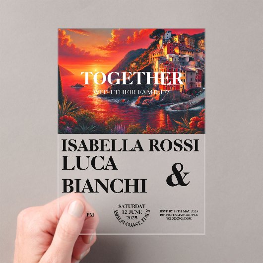 日イタリアン没の海はっきりした岸の水彩風景 アクリル招待状 (インサイチュ (ポータブル))