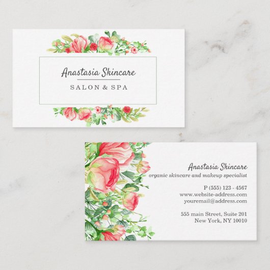 日エレガントスパとサロンピンクの花の水色 名刺 (正面/裏面)