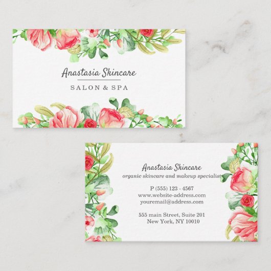 日エレガントスパとサロンピンクの花の水色 名刺 (正面/裏面)
