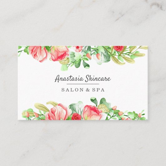 日エレガントスパとサロンピンクの花の水色 名刺 (正面)