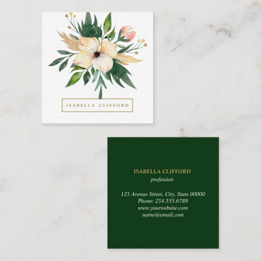 日エレガントスパサロングリーンフラワーウォーター色 スクエア名刺 (正面/裏面)