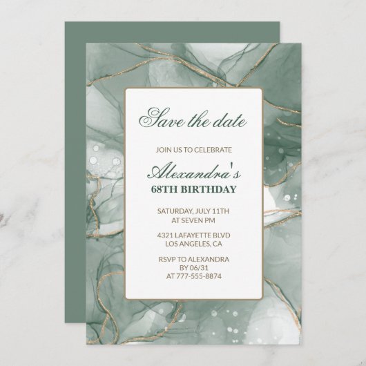 日エレガント付を保存する緑68歳の誕生日 招待状 (正面/裏面)