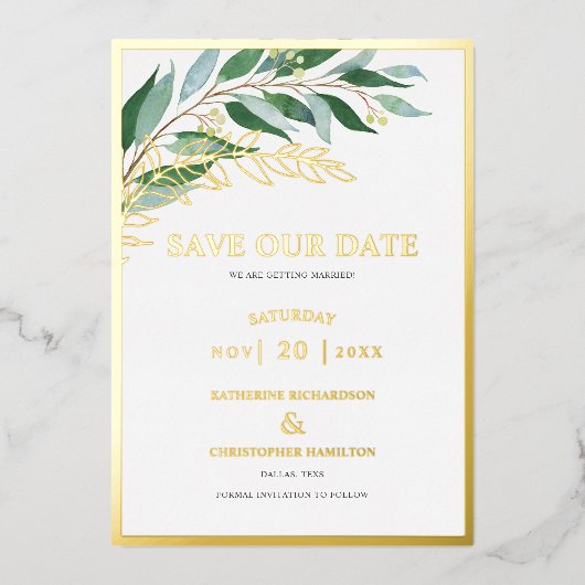 日エレガント付を除いて緑の葉 箔招待状 (正面)