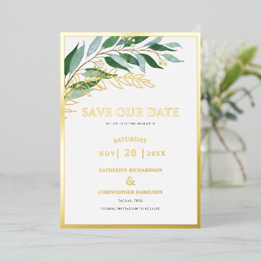 日エレガント付を除いて緑の葉 箔招待状 (立ち正面)