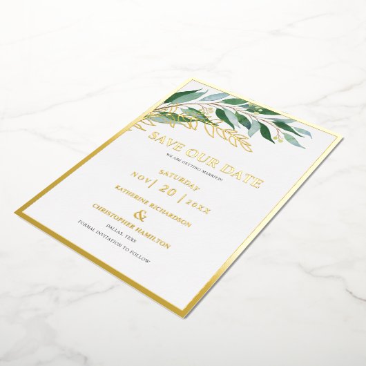 日エレガント付を除いて緑の葉 箔招待状 (回転した状態)