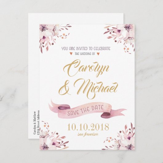 日エレガント付を除くピンク紫の花 案内ポストカード (正面/裏面)