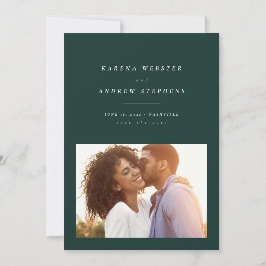 日エレガント付モダンの写真カードを緑で保存 セーブザデート (正面)