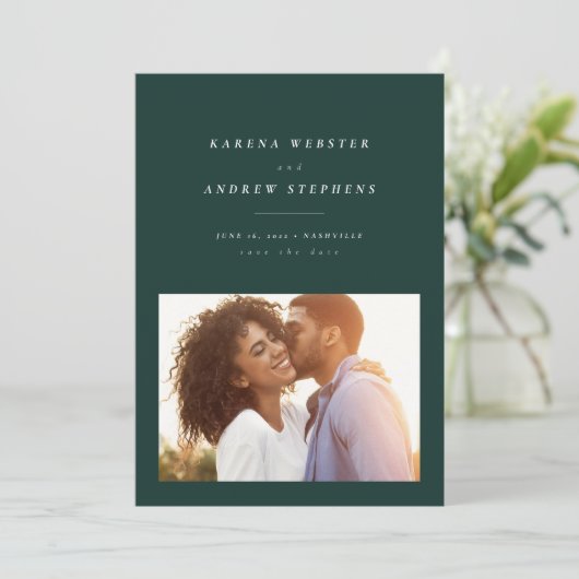 日エレガント付モダンの写真カードを緑で保存 セーブザデート (スタンド正面)