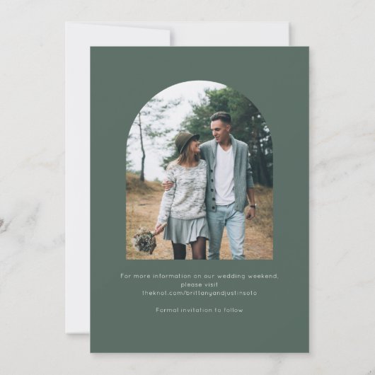 日エレガント付モダンを保存する緑の写真の結婚式 セーブザデート (裏面)