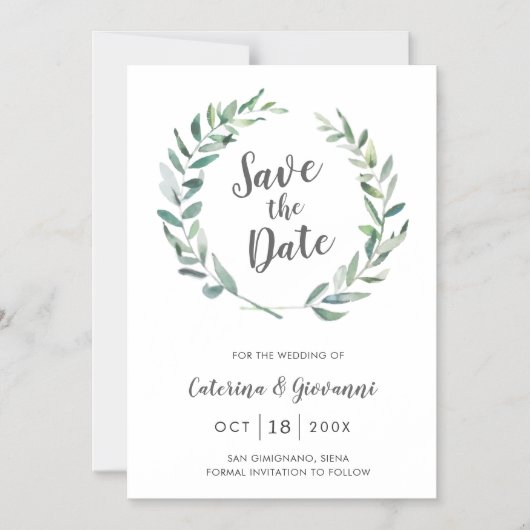 日エレガント付素朴を保存する緑の結婚式 マグネット招待状 (正面)