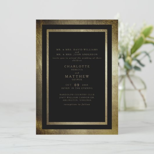 日エレガント金ゴールドと黒両方の親結婚の 招待状 (スタンド正面)
