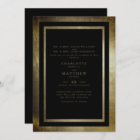 日エレガント金ゴールドと黒両方の親結婚の 招待状 (正面/裏面)