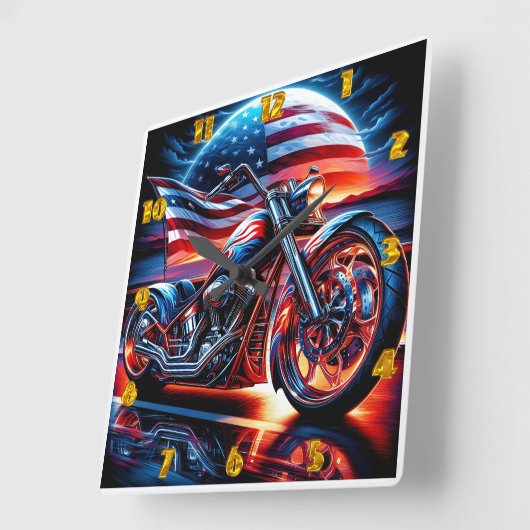 日カスタム没のアメリカ国旗を持つオートバイ スクエア壁時計 (傾斜)